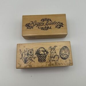 PSX Happy Easter E-989 Spring Border Bunny F-1917 Wood Rubber Stamp Lot Vintage